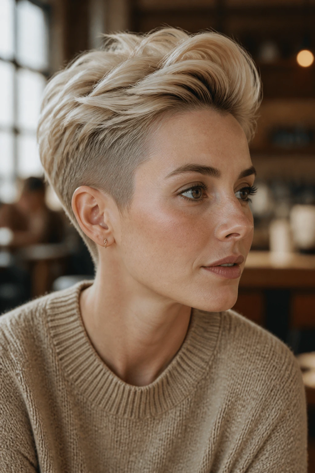 Close-up of a real woman with an undercut pixie and lifted crown in blonde hair