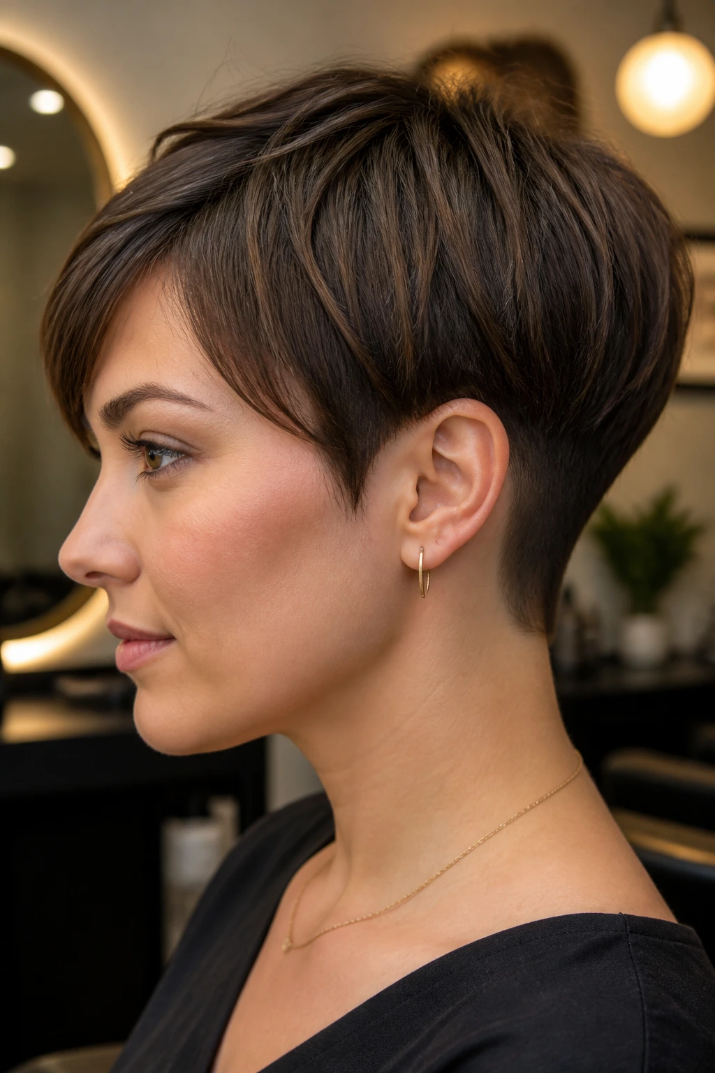 Close-up of a real woman with hidden undercut pixie bob in modern salon lighting