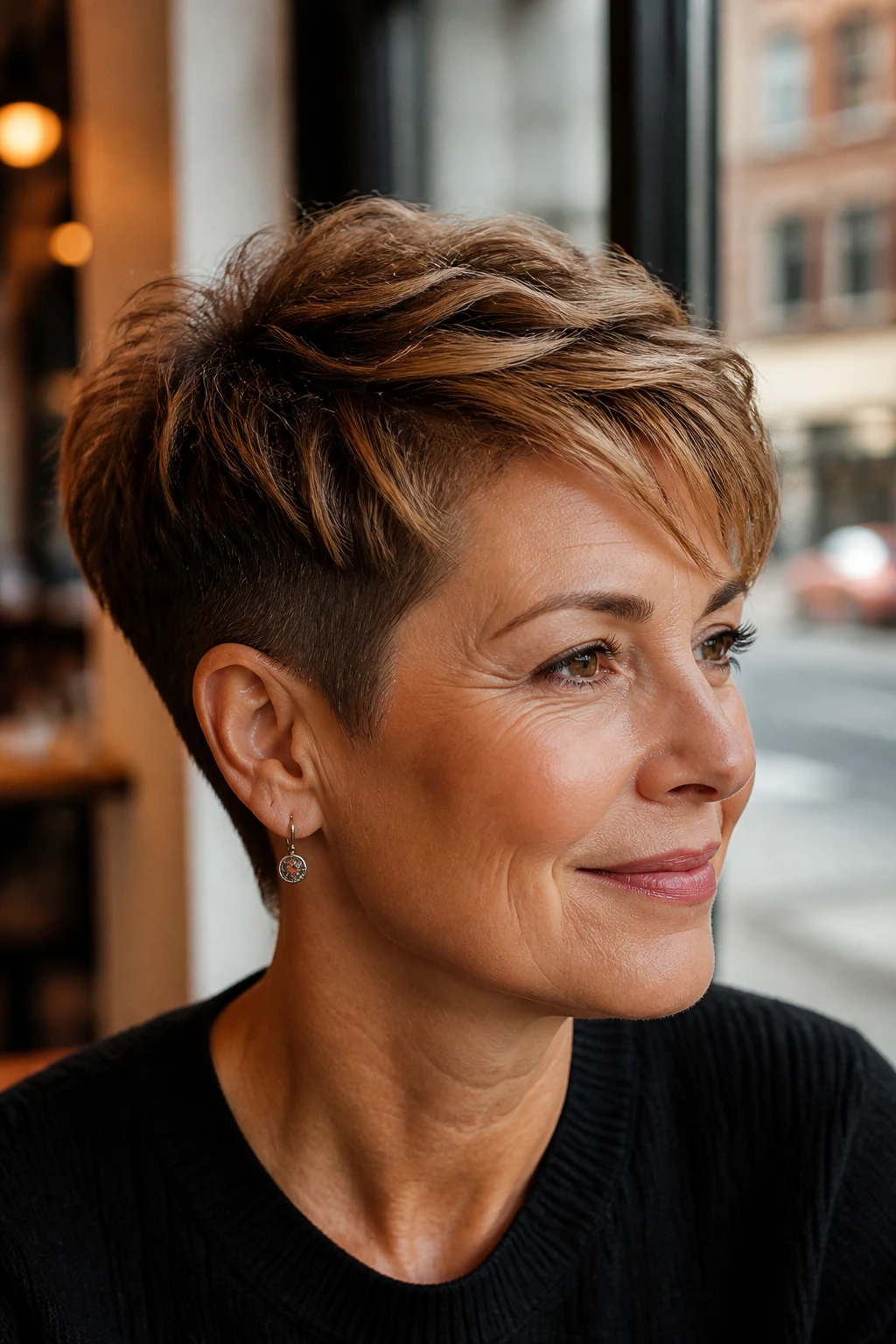 Close-up of a woman with an undercut pixie and caramel top, light reflecting on the caramel strands
