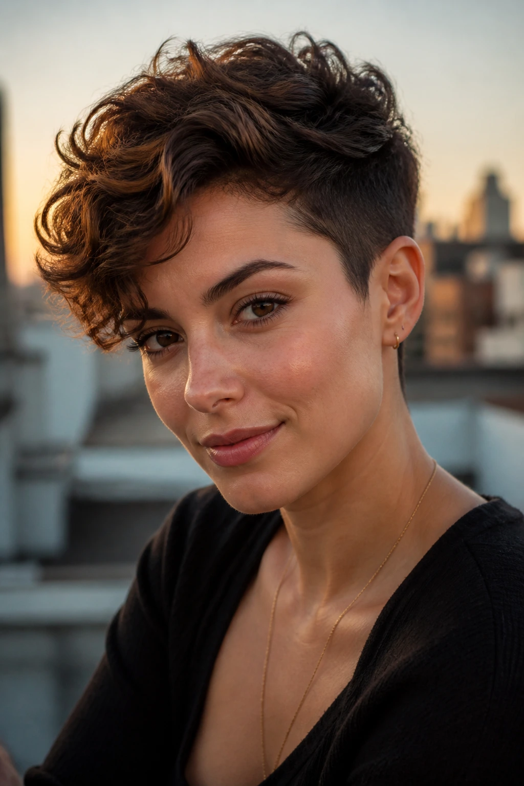 Close-up of a real person with a soft undercut pixie and crown-length top