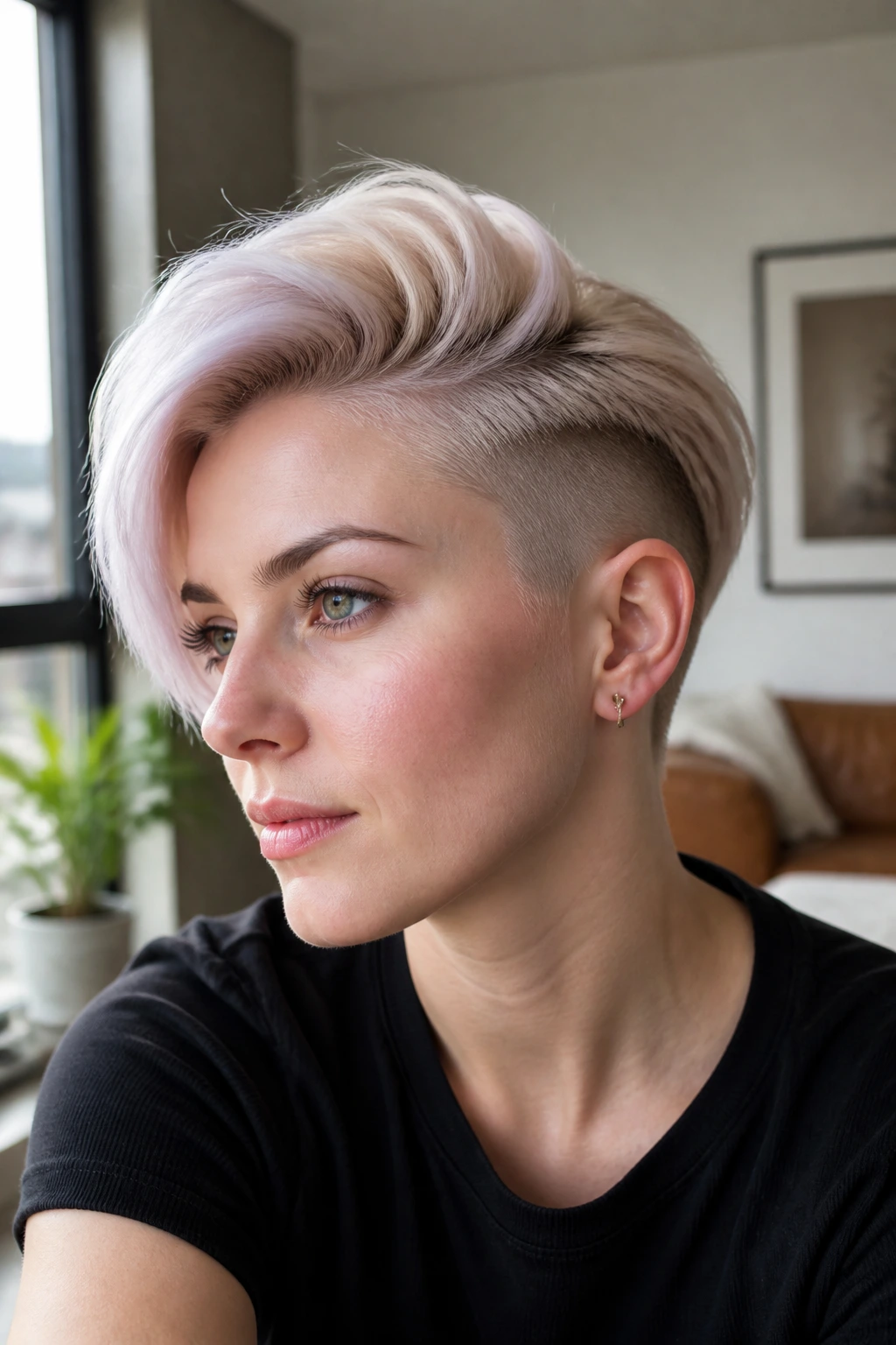 Close-up of a real woman with an undercut pixie and long crown sweep