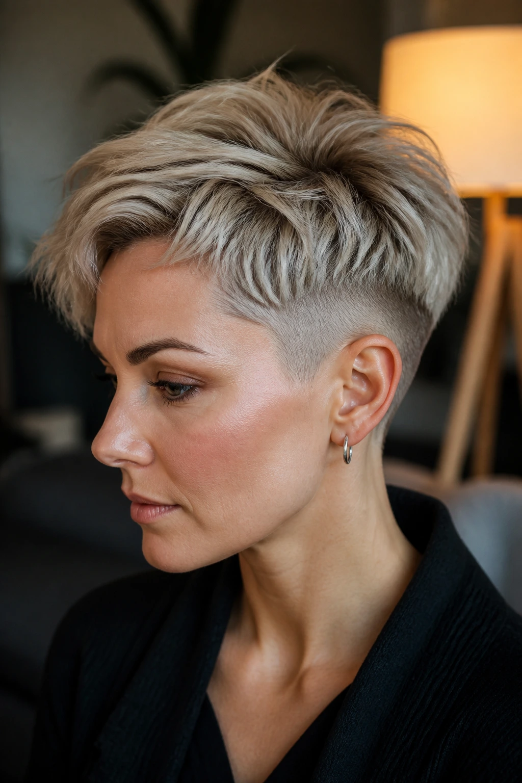 Close-up of real person with undercut pixie and soft crown volume.