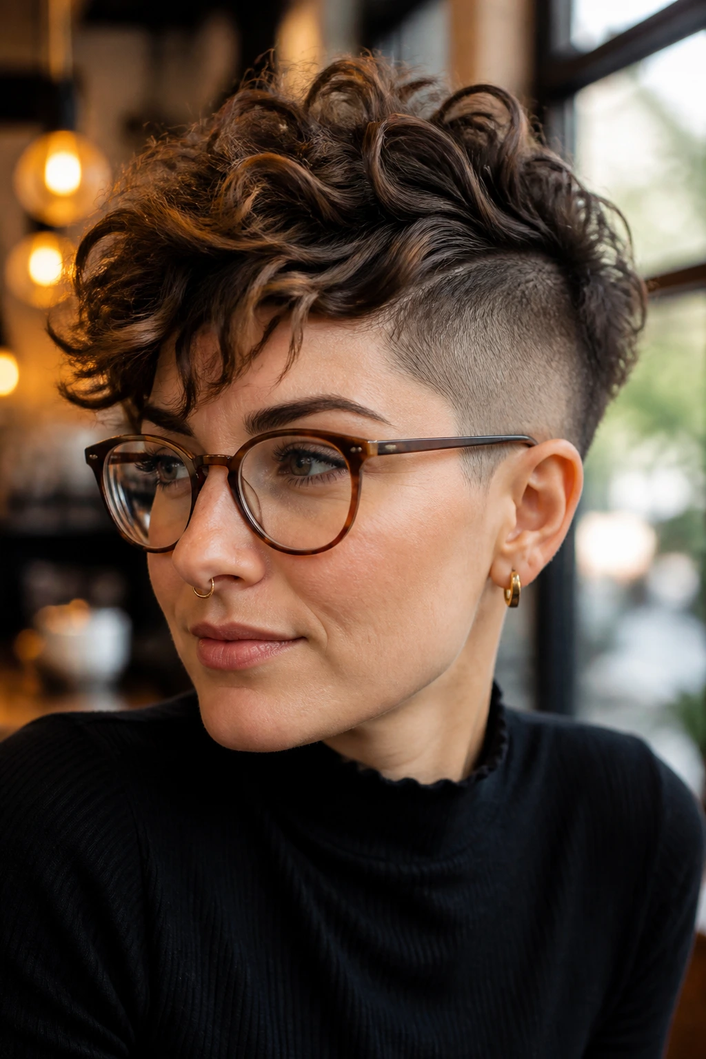 Portrait of a real woman with curly undercut pixie and glasses.