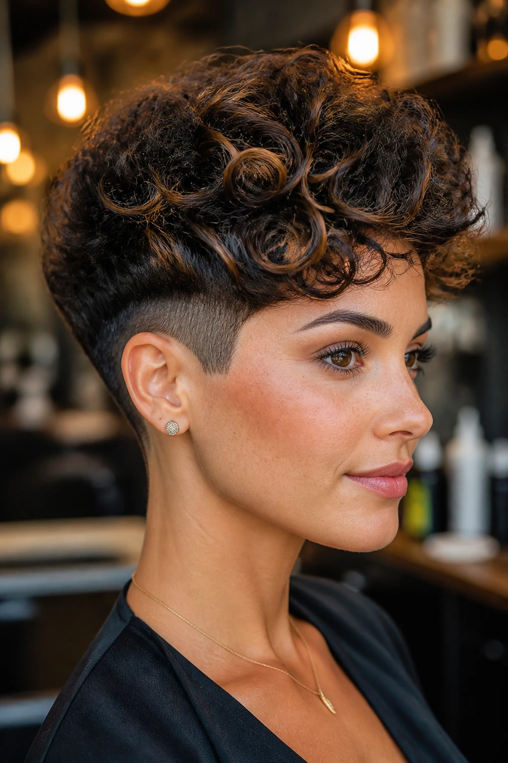 Close-up of a real woman's curly undercut pixie with hidden caramel ribbons