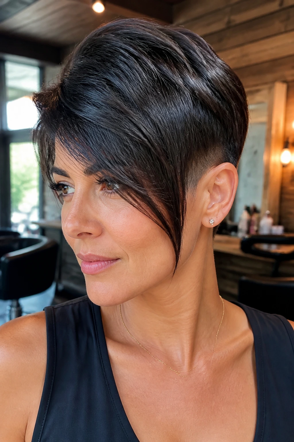 Close-up of a real woman with sculpted undercut pixie and long fringe in a salon