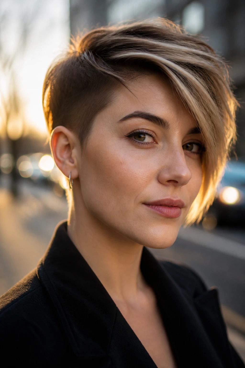 Close-up of a real person with an undercut pixie and longer front length.