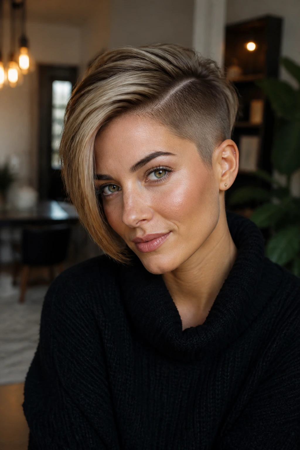 Real woman with side-parted undercut pixie hairstyle in warm interior light