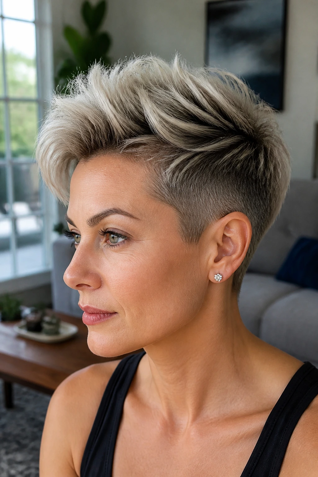 Close-up of a real woman with an undercut pixie showing nape undercut and upward-styled top