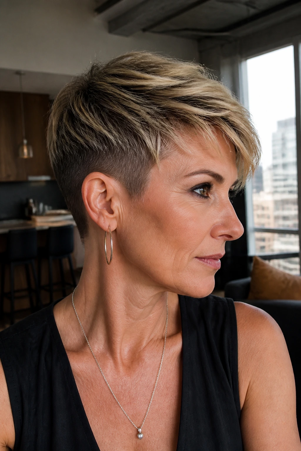 Close-up of real woman with undercut pixie and longer top