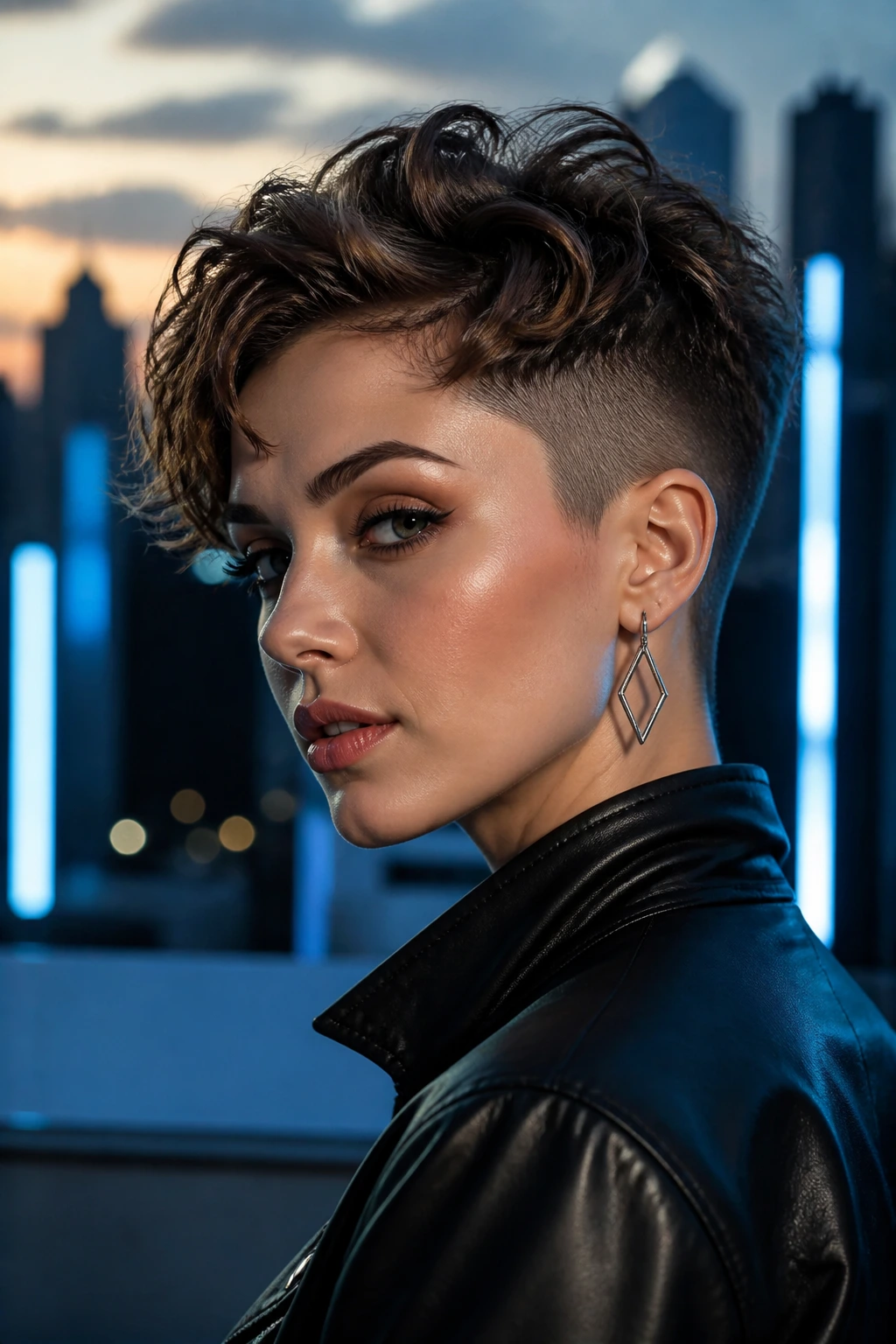 Close-up of a real woman with undercut pixie showing high-contrast top.