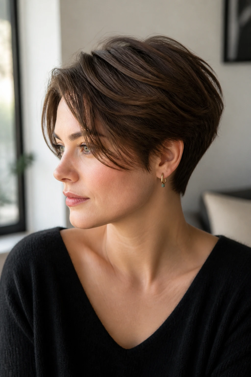 Portrait of a woman with a hidden undercut pixie hairstyle visible as a long top layer draping over the nape.