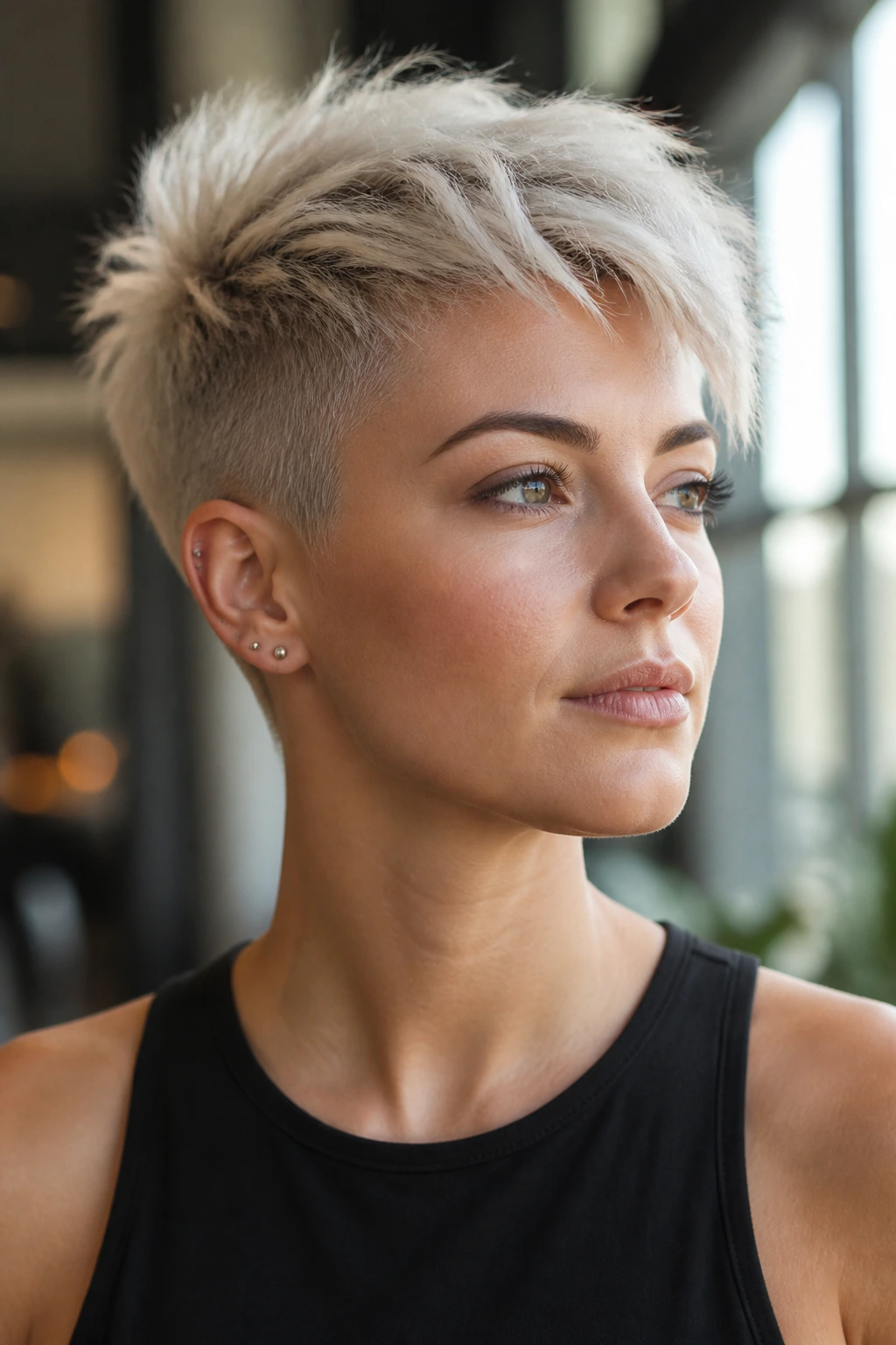 Close-up portrait of woman with ice-blonde tousled undercut pixie