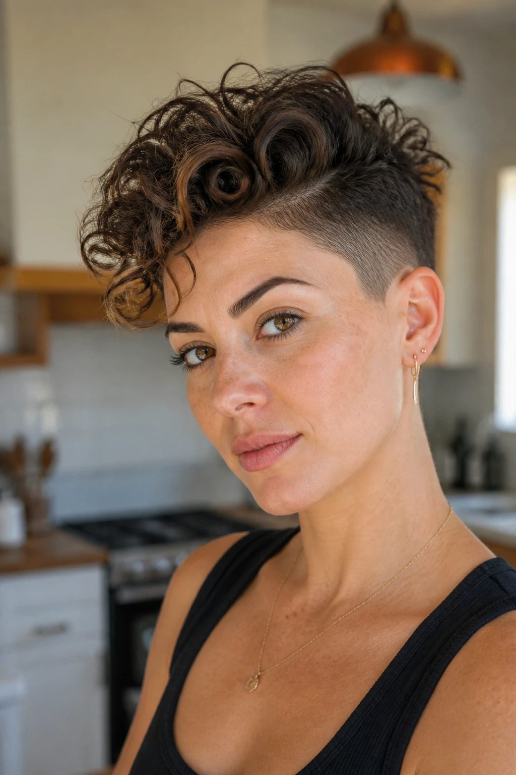 Real woman with undercut pixie and lifted top hairstyle in a bright kitchen