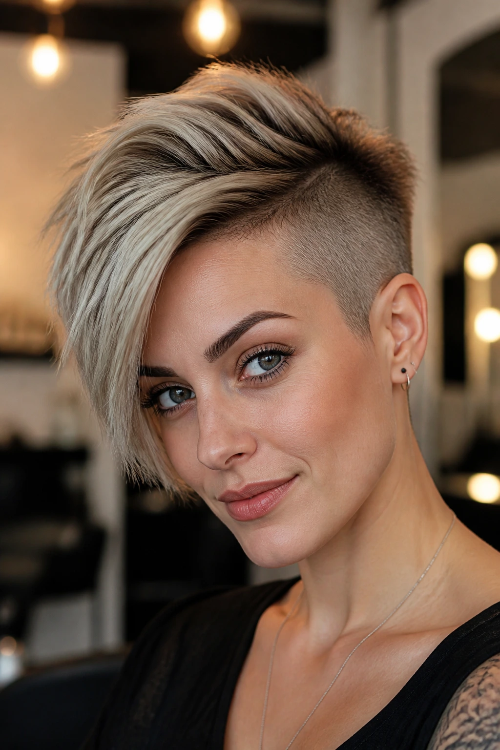 Undercut pixie with long top, real woman, close-up portrait with short sides and long top