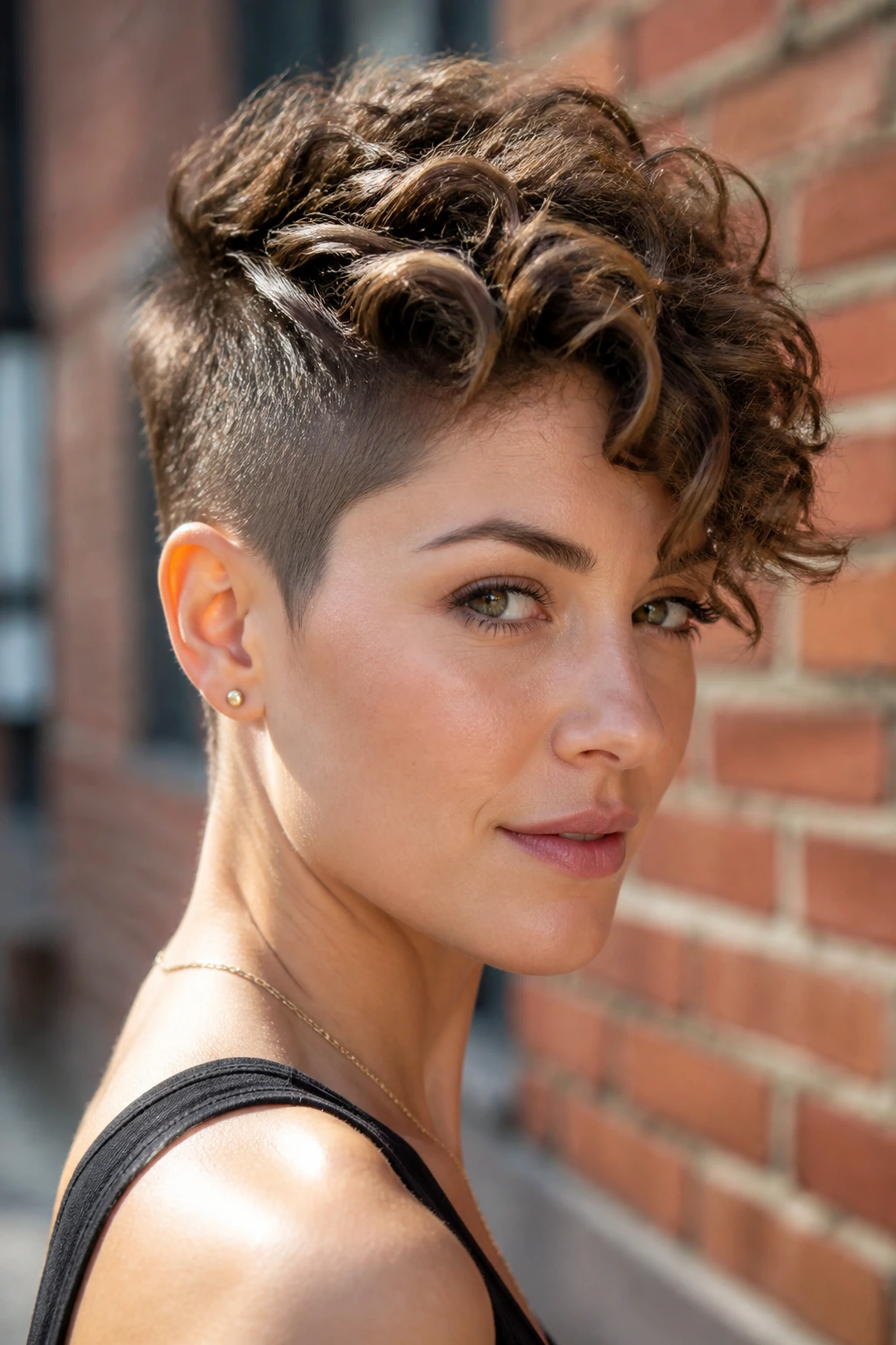 Close-up of a real woman with an undercut pixie and long top curls in daylight