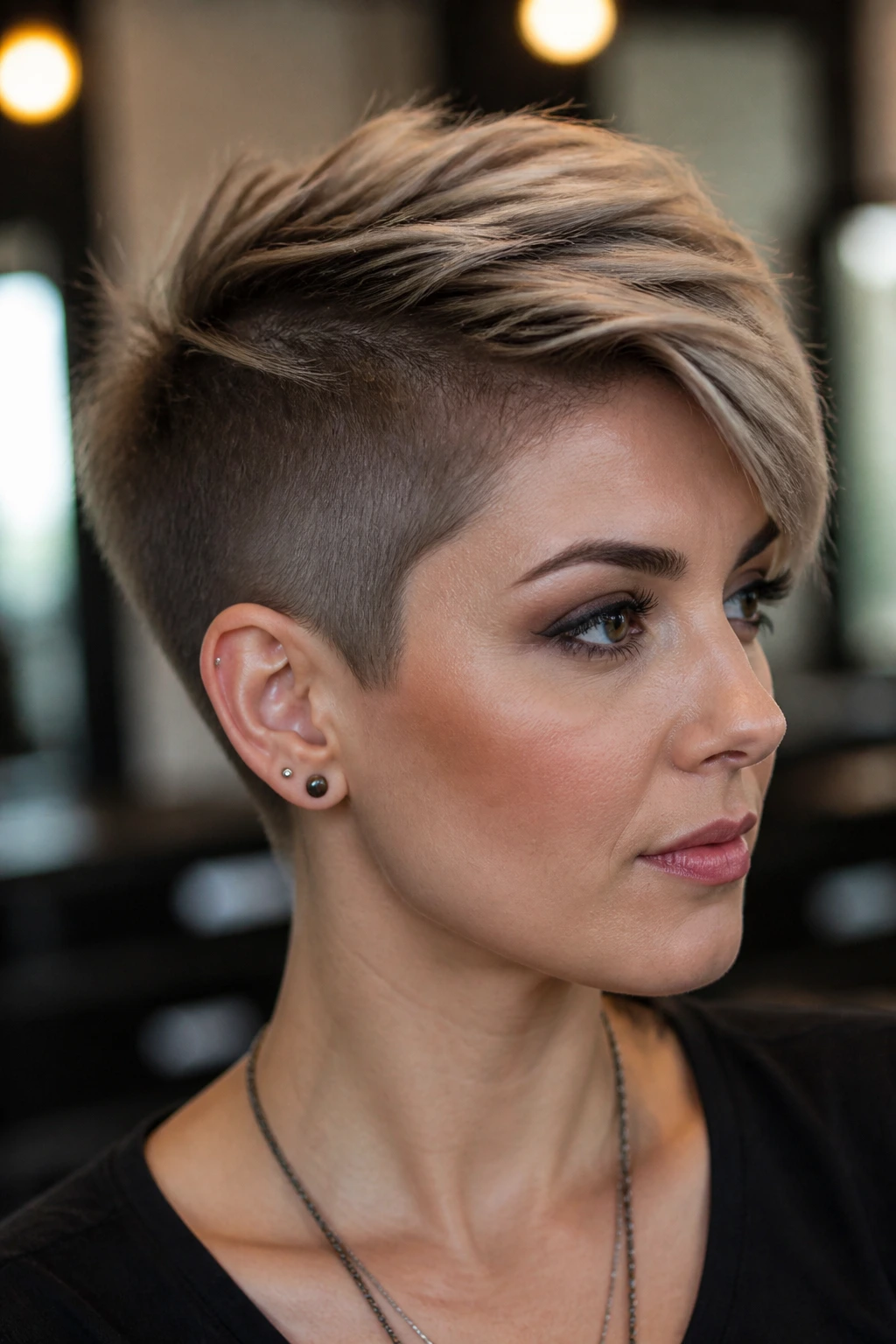 Close-up portrait of a real woman with an undercut pixie and longer top.