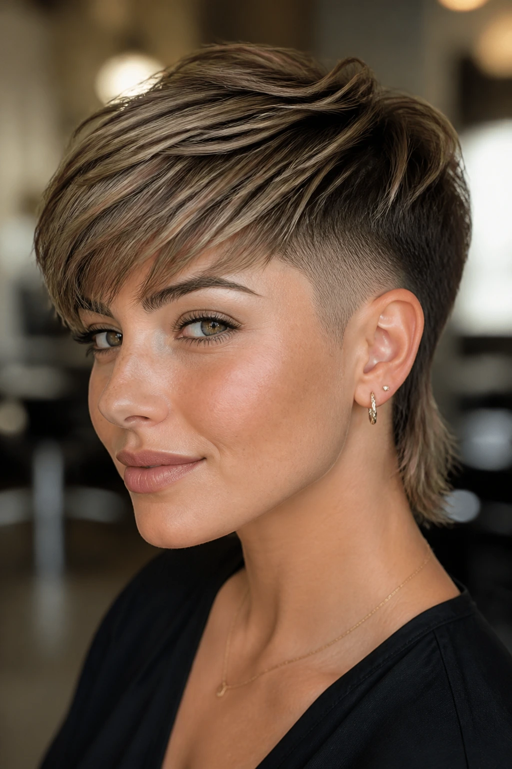 Close-up portrait of a real person with an undercut pixie mullet and soft top on straight hair