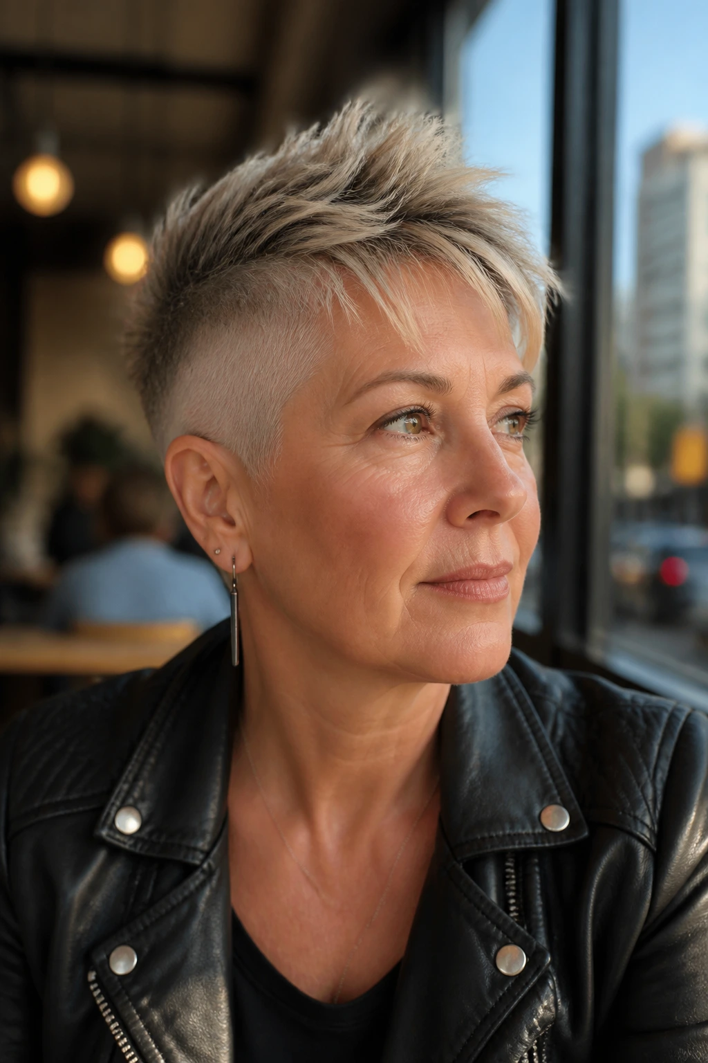Close-up portrait of a real woman with an undercut pixie showing shaved sides and textured top in warm natural light.
