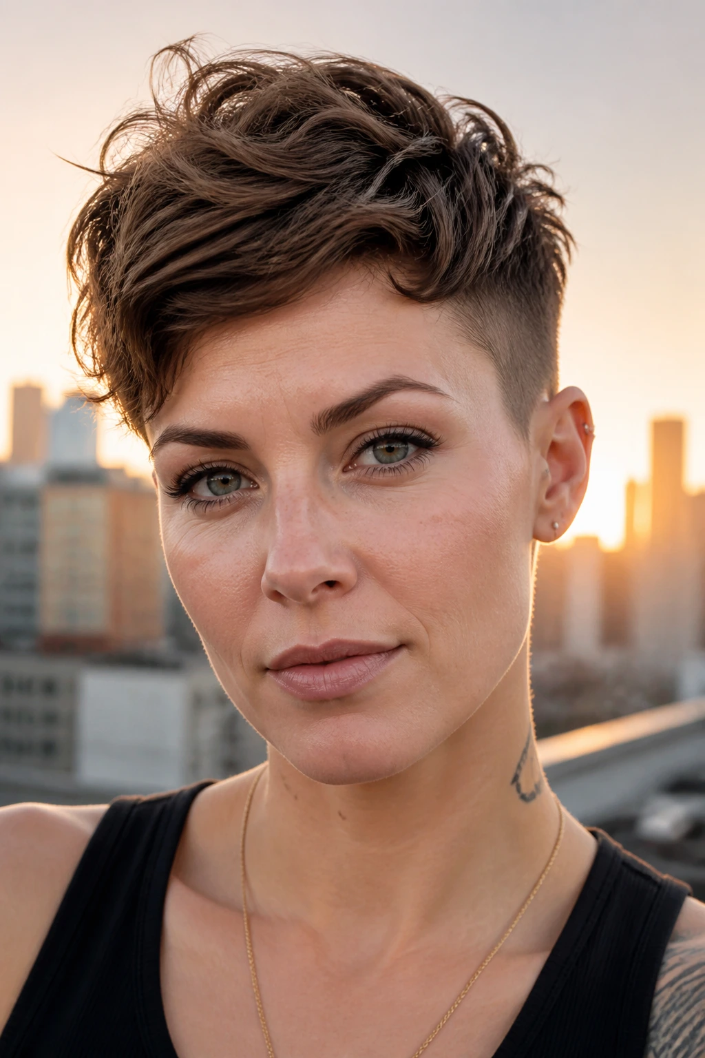 Portrait of real person with undercut pixie showing shaved sides