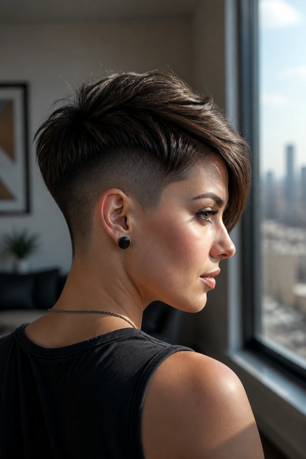Profile portrait of a real woman with undercut pixie, nape shaved.