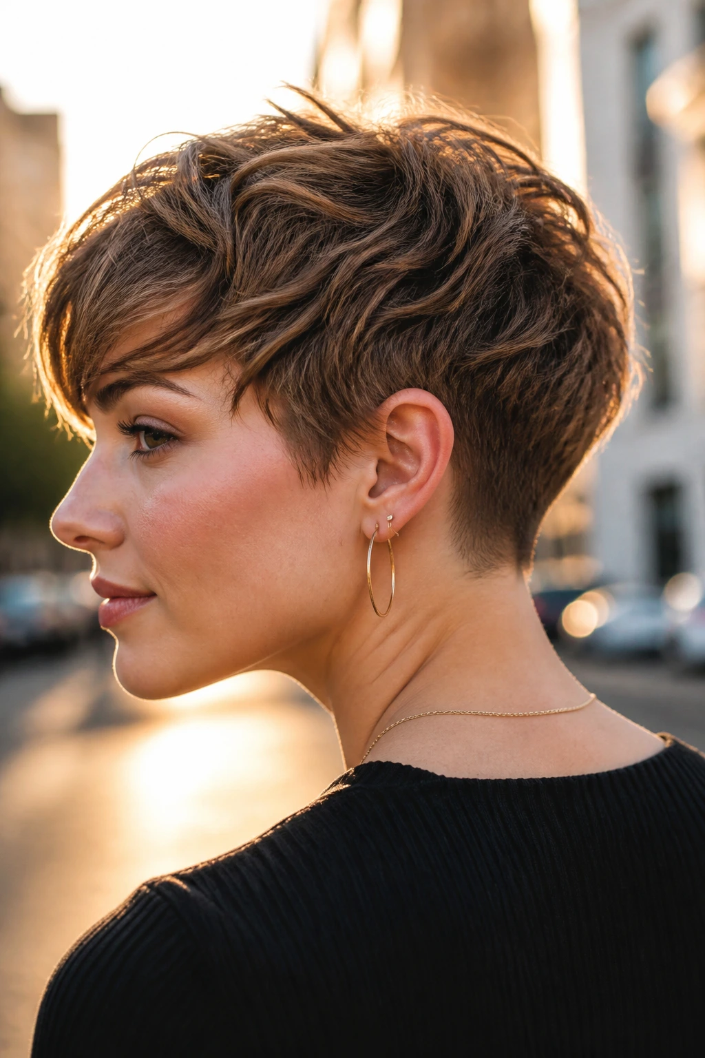 Close-up of a real woman with rounded undercut pixie in golden hour light