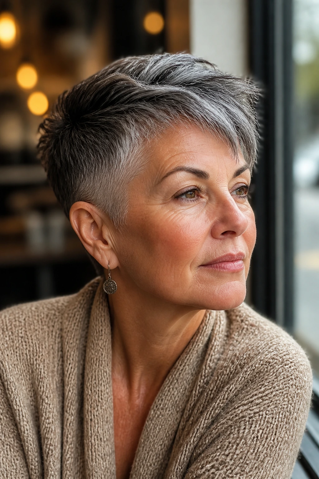 Close-up of a real woman with salt-and-pepper undercut pixie in a cafe setting