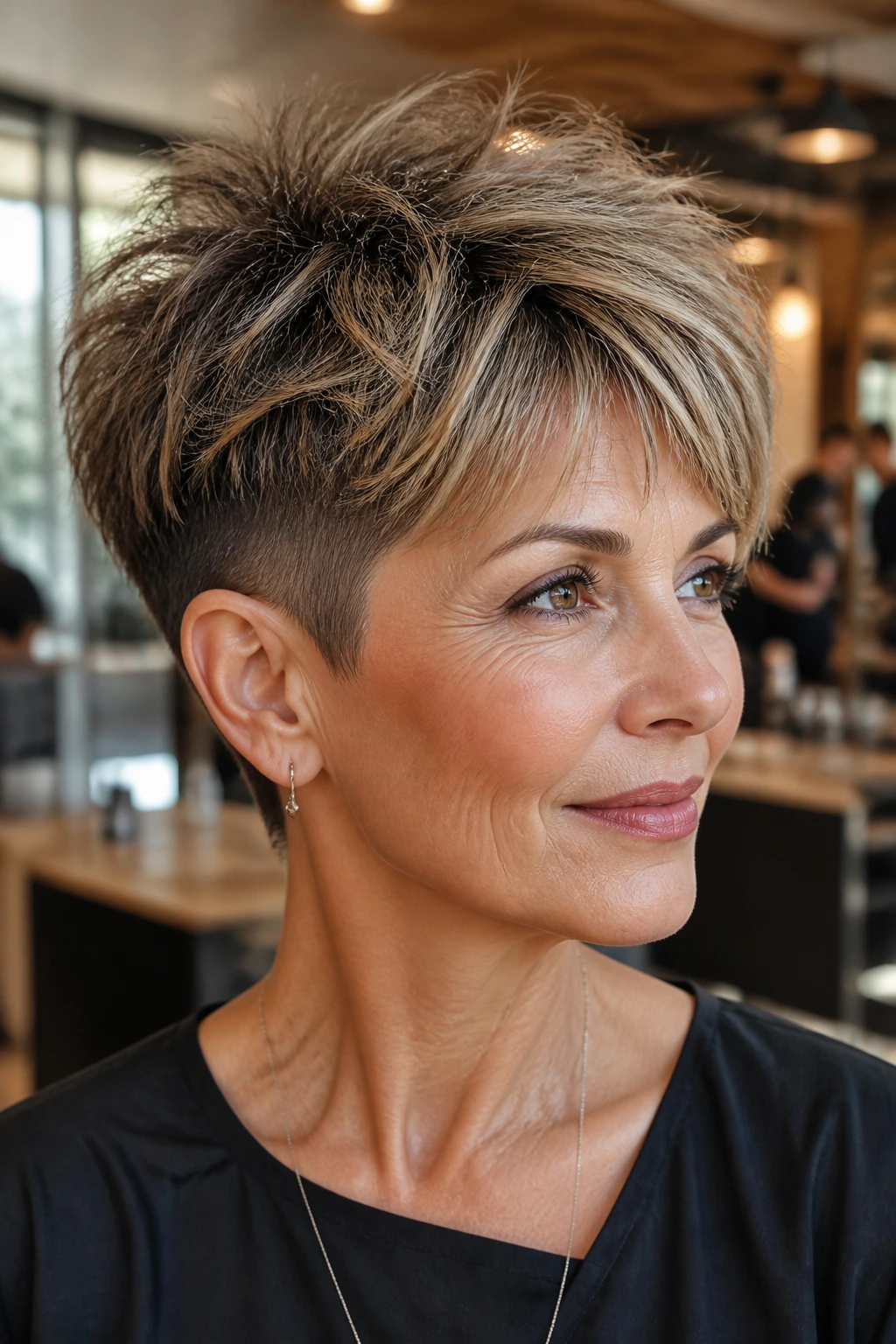 Close-up portrait of a real woman with an undercut pixie shag and crown lights highlighting babylights