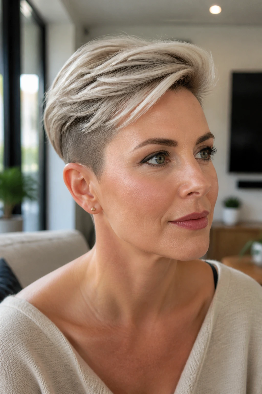 Close-up portrait of a real woman with an undercut pixie and soft top sweep.