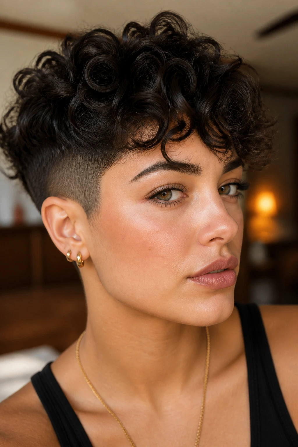 Close-up of curly pixie with clean undercut sides