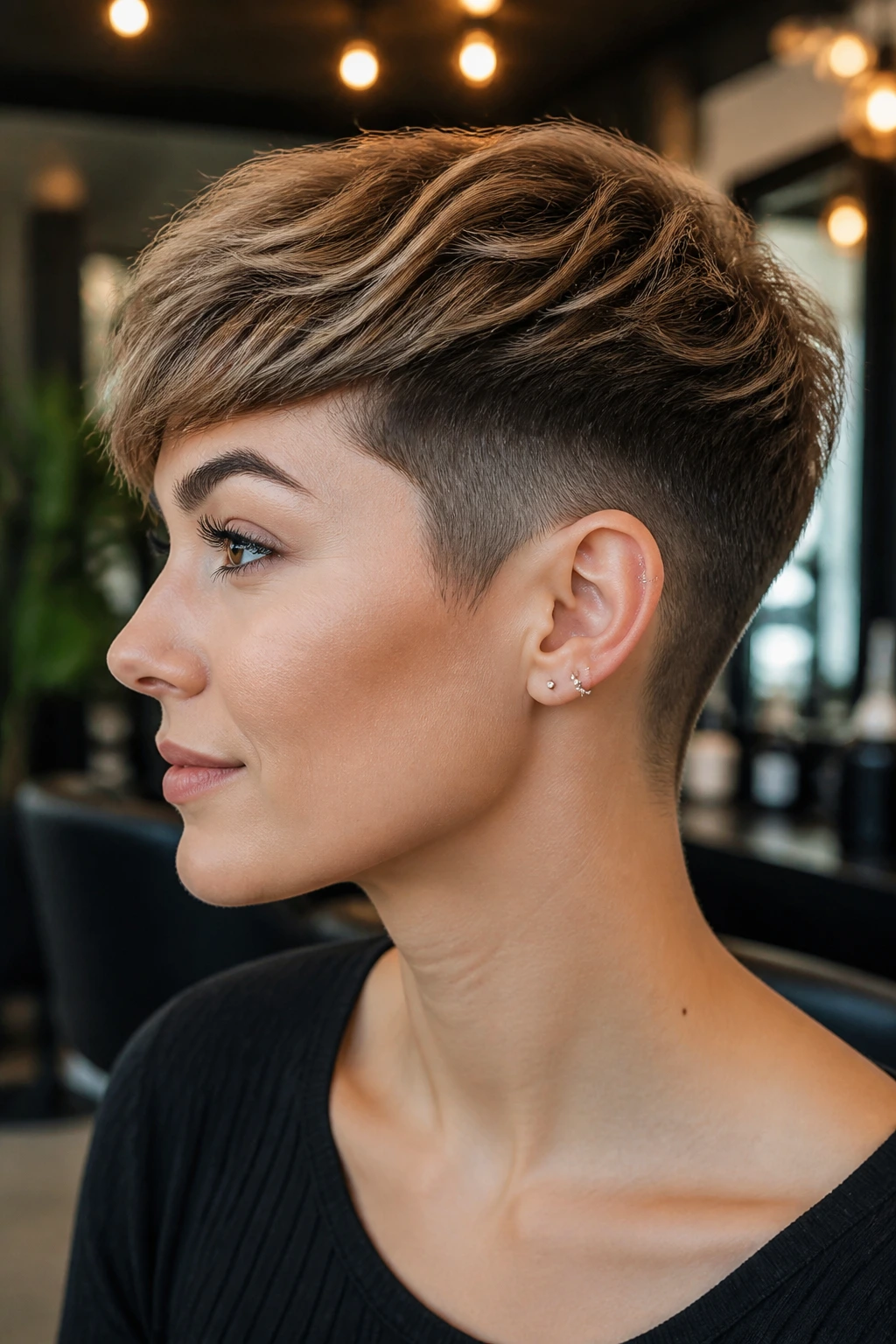 Close-up of a real person with an undercut pixie and soft top in a stylish salon.