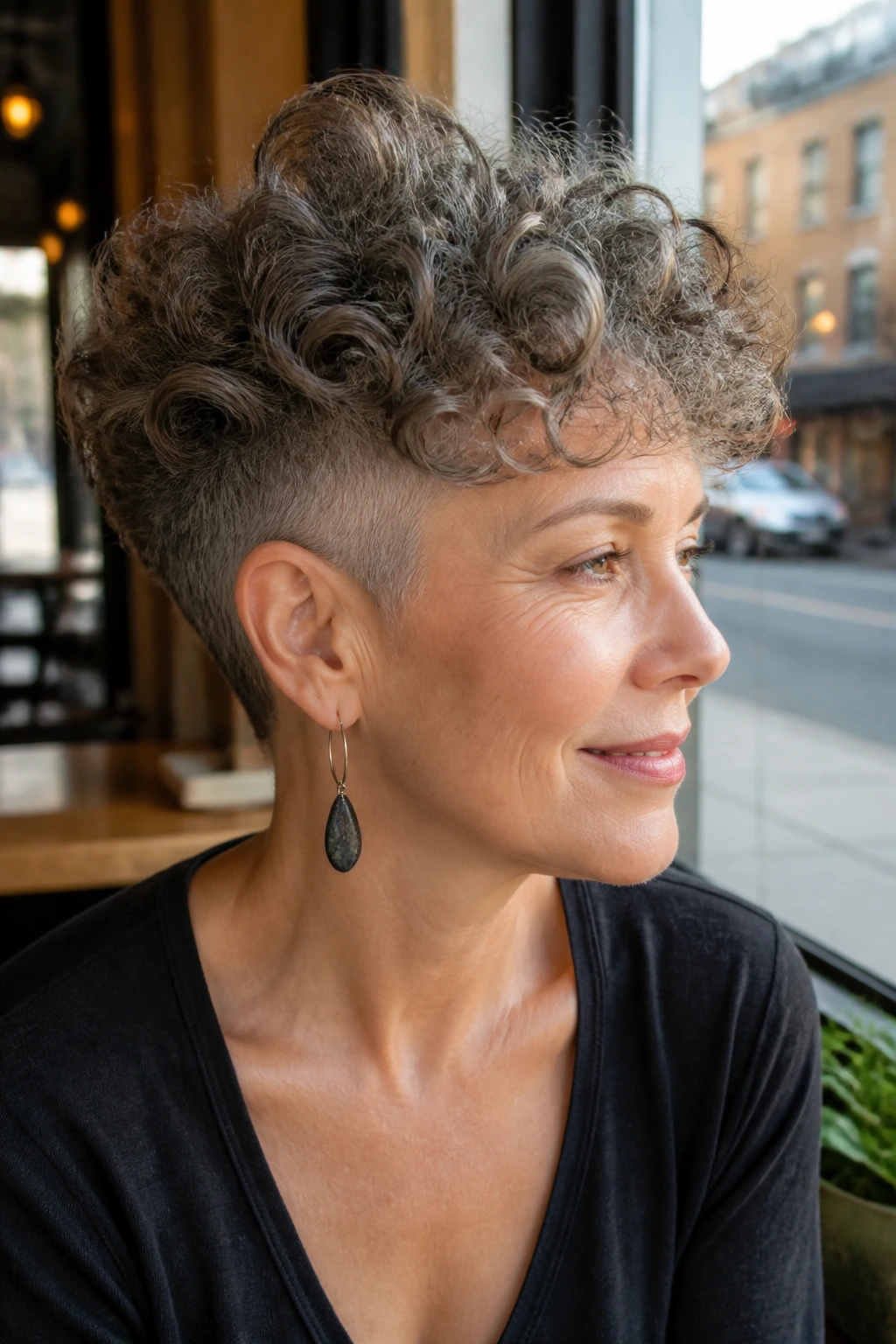 Portrait of a real woman with an undercut-curly pixie and soft top length in cafe light