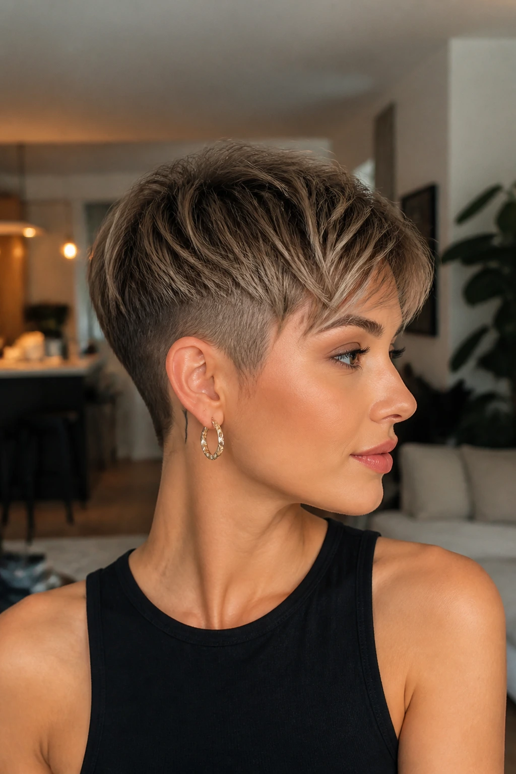 Close-up of real woman with undercut pixie and soft top