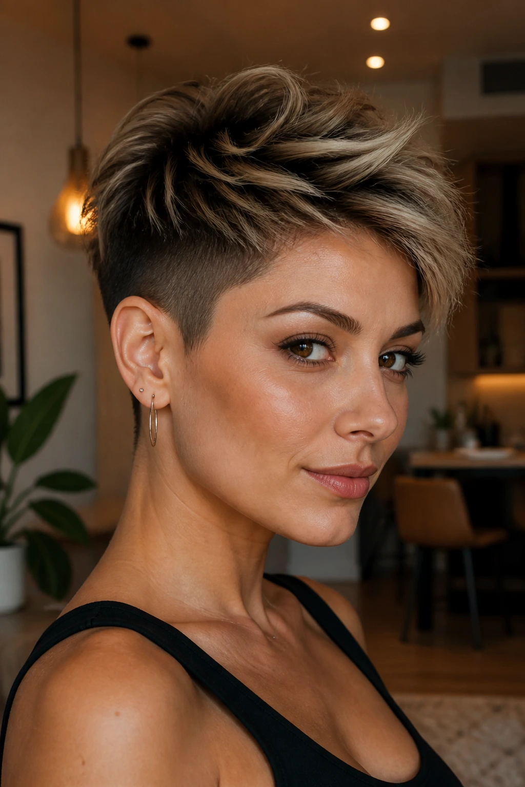 Real person with undercut pixie and soft top hairstyle