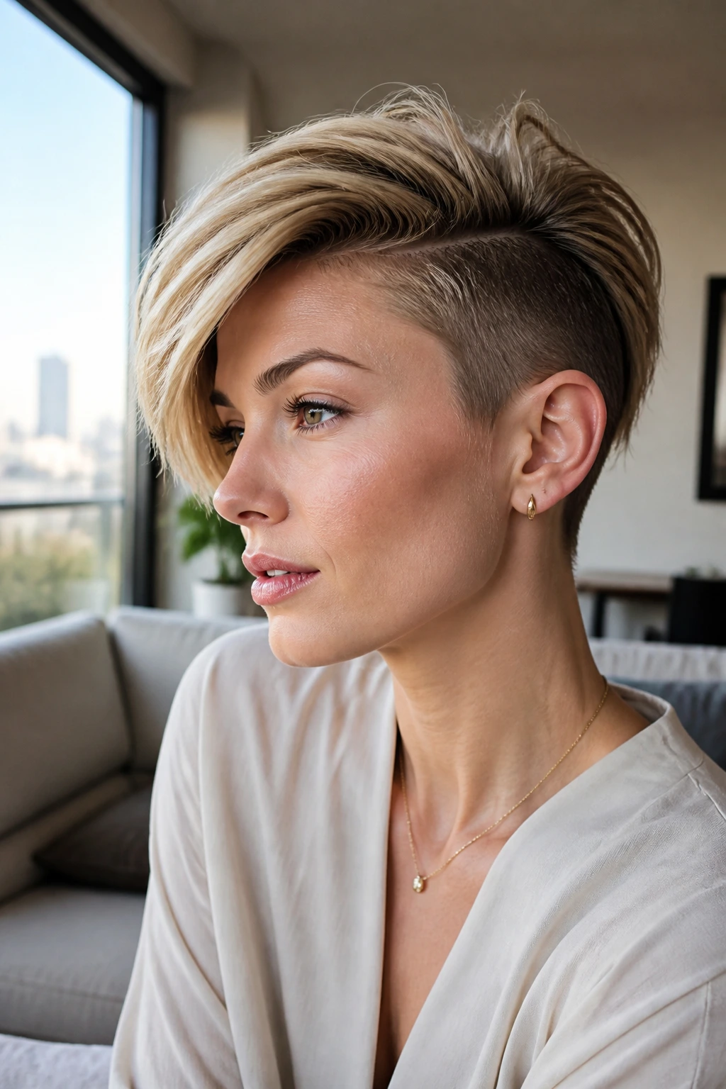 Close-up portrait of a real woman with undercut pixie and sweeping length in daylight