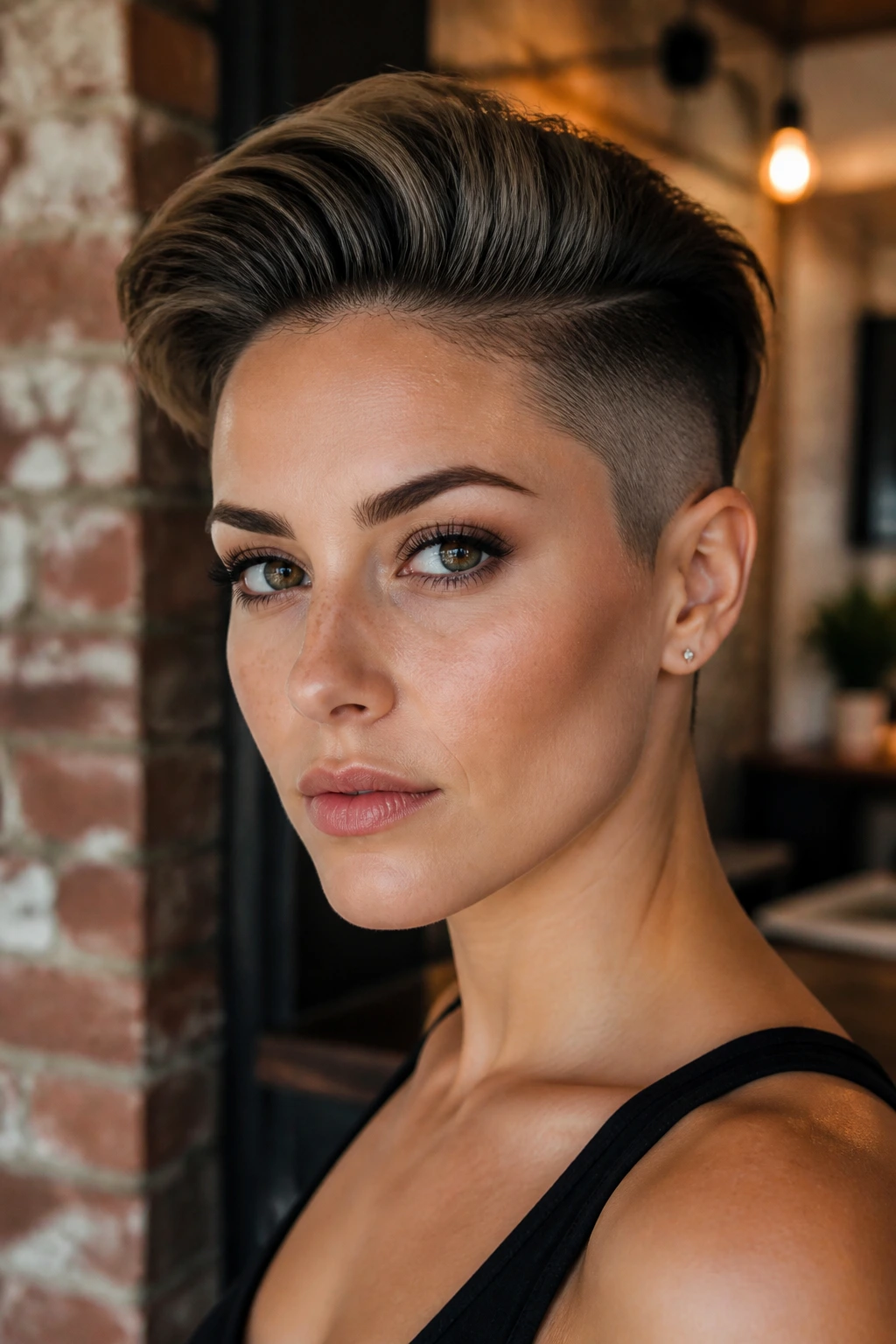 Real woman with undercut pixie and swept-back top in warm lighting