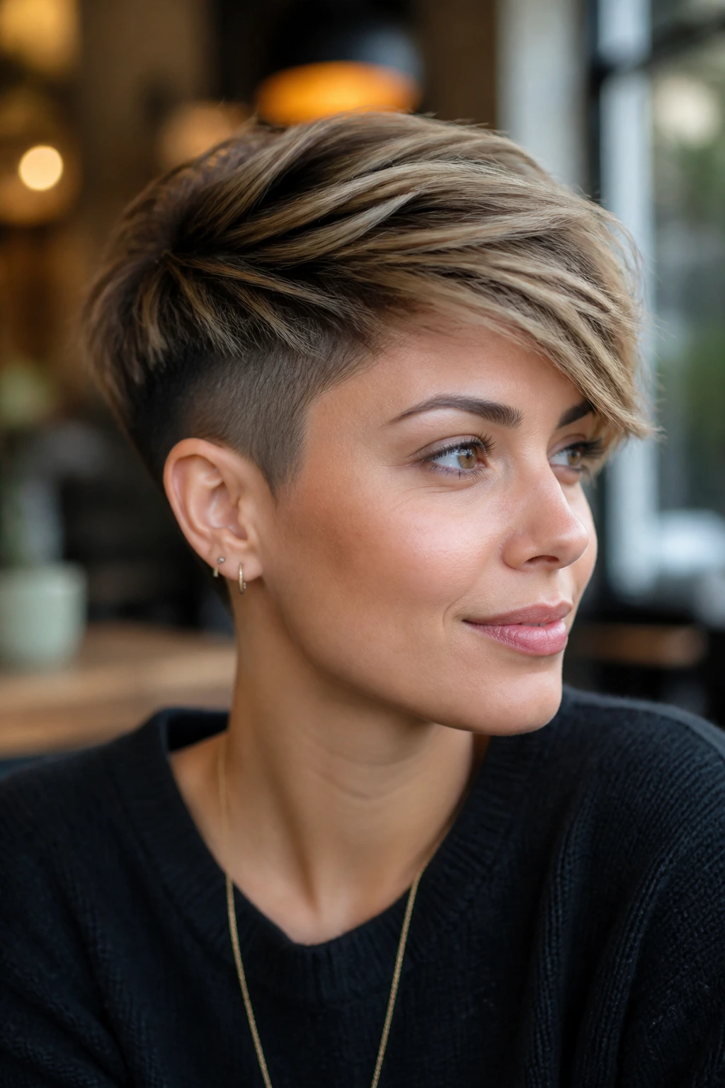 Close-up of real person with undercut pixie and swept fringe in natural cafe light