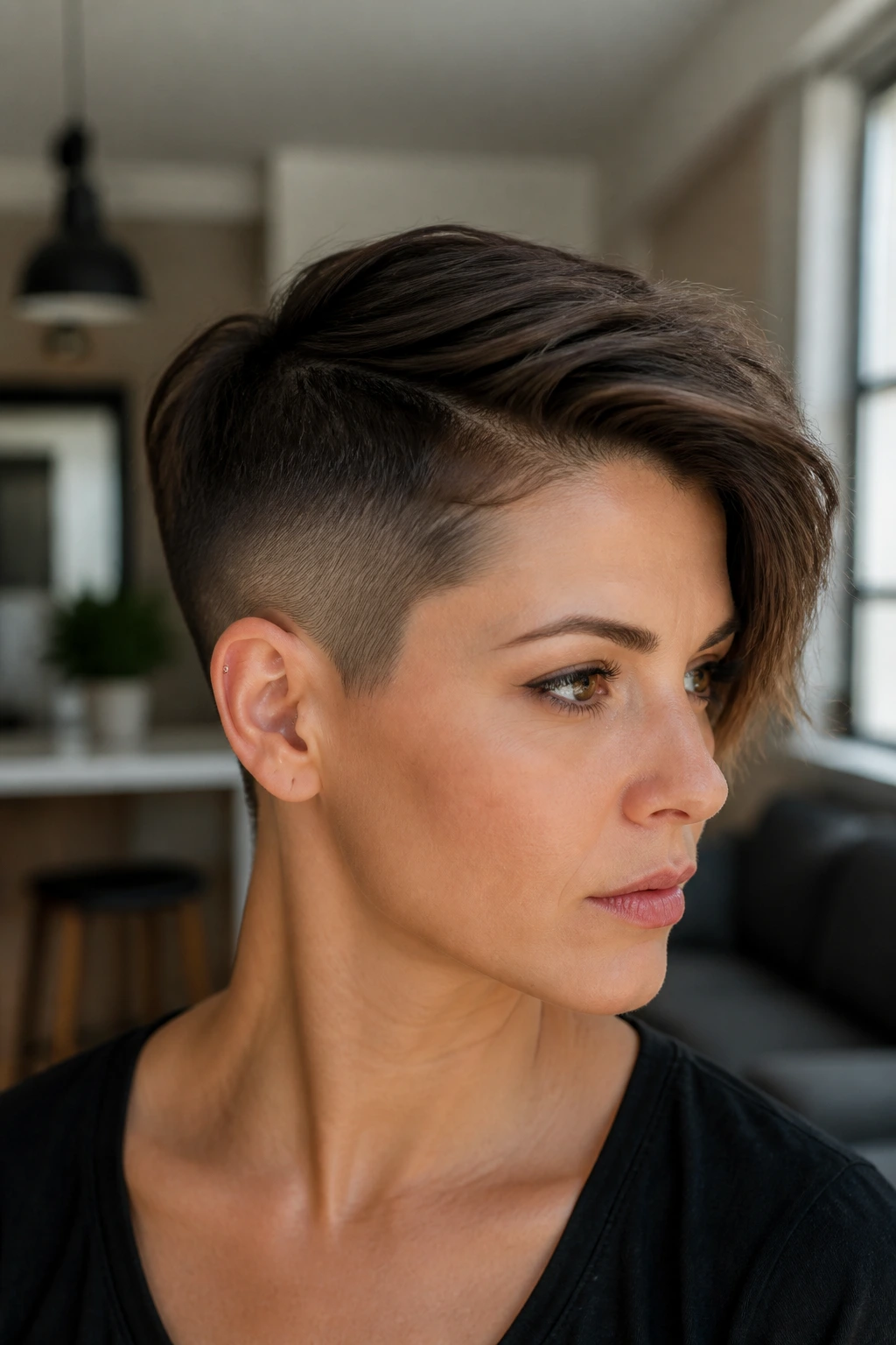 Close-up of a woman with an undercut pixie and swept-over top, showing bold directional styling.