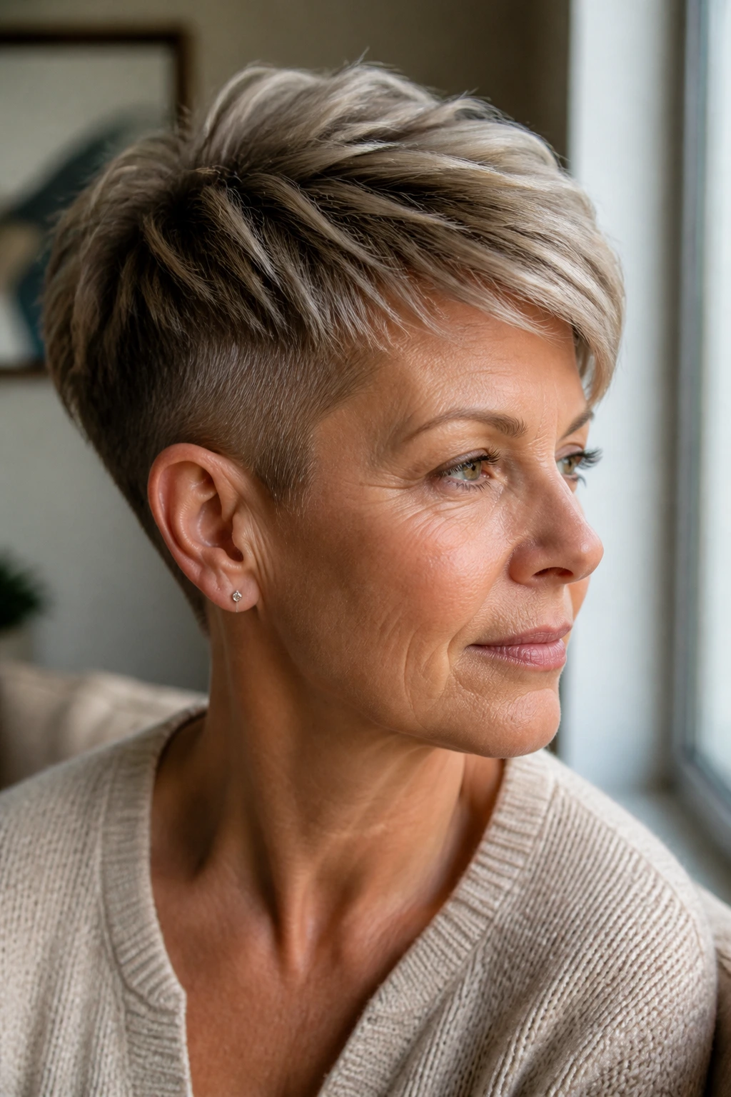 Close-up of a real woman with a tapered undercut pixie and feathered top in natural light