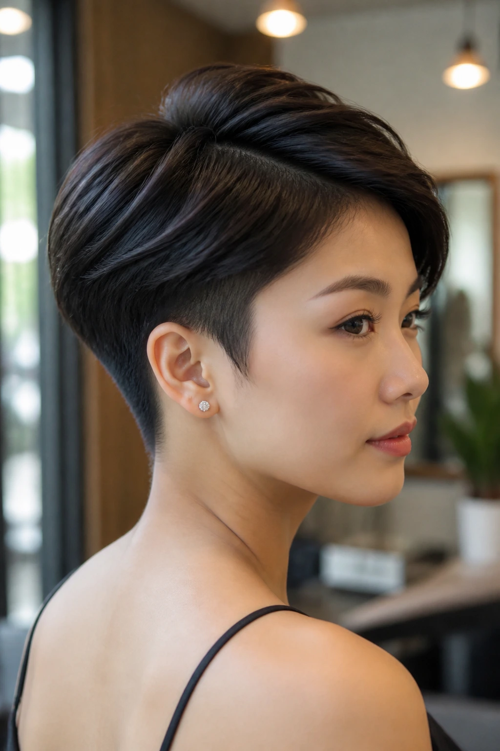 Close-up portrait of a real woman with an undercut pixie for thick hair, showing subtle nape undercut.