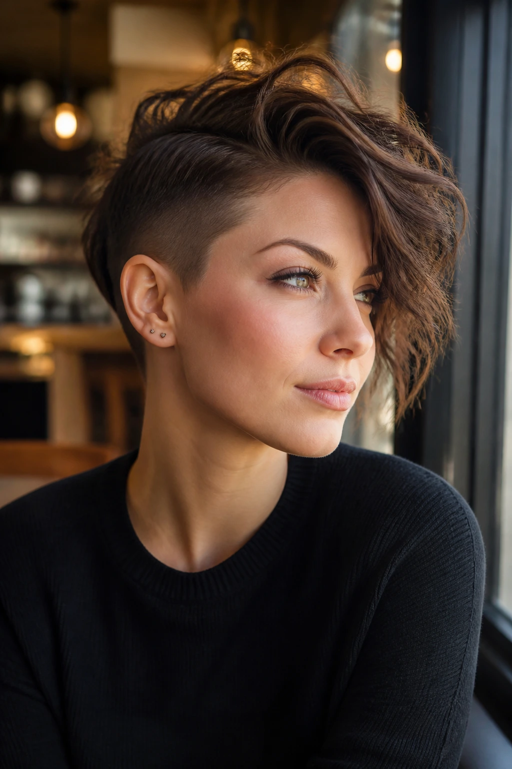 Portrait of a real woman with side-swept undercut pixie.