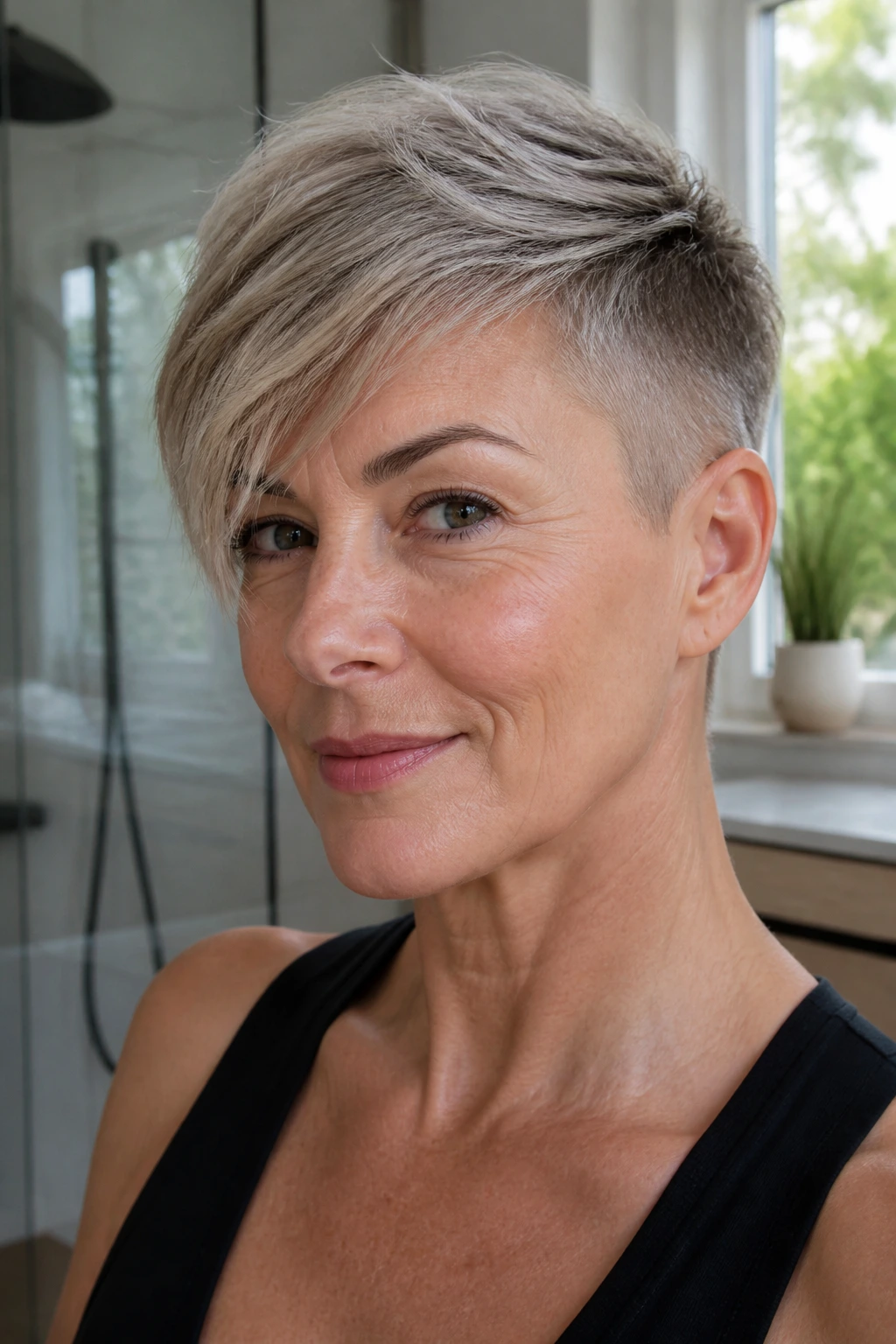 Close-up portrait of a real woman with an undercut pixie showing shaved sides and longer top.