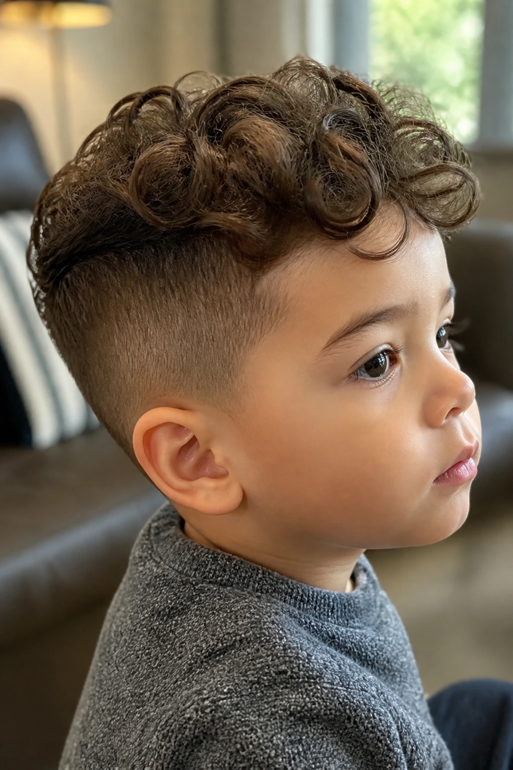 Close-up of toddler boy with undercut pixie showing shorter sides and longer top curls in a cozy living room.