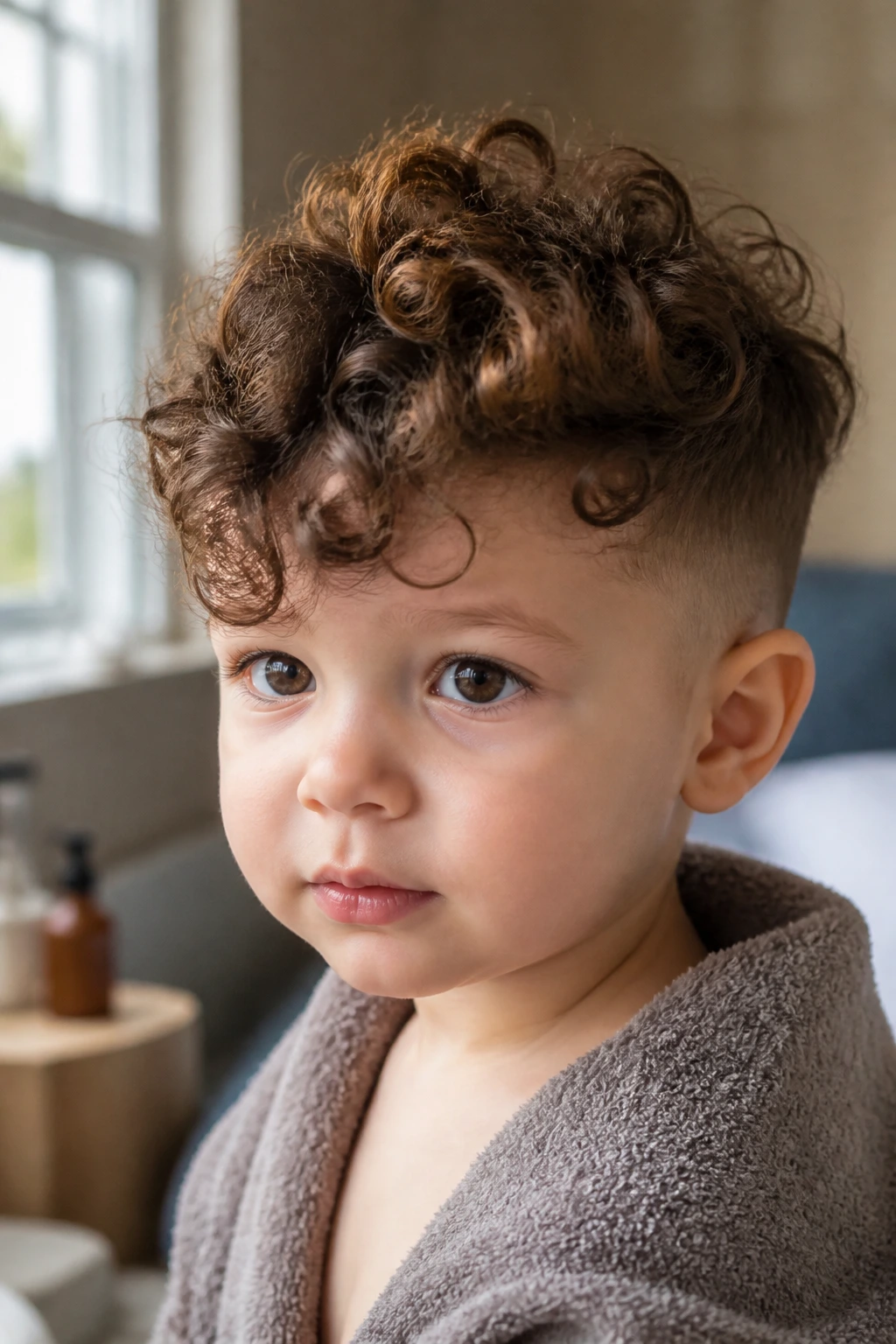 Toddler boy with damp curly undercut pixie hairstyle in close-up