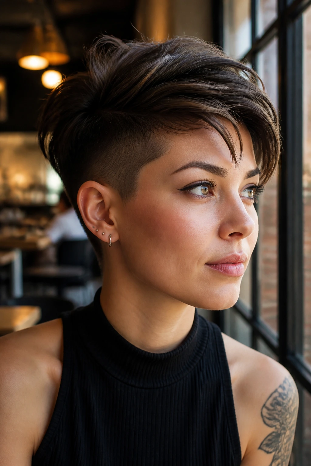 Close-up portrait of a real woman with an undercut pixie and extra-long top.