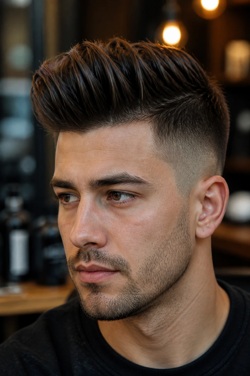 Close-up portrait of a real man with an undercut quiff and matte finish.