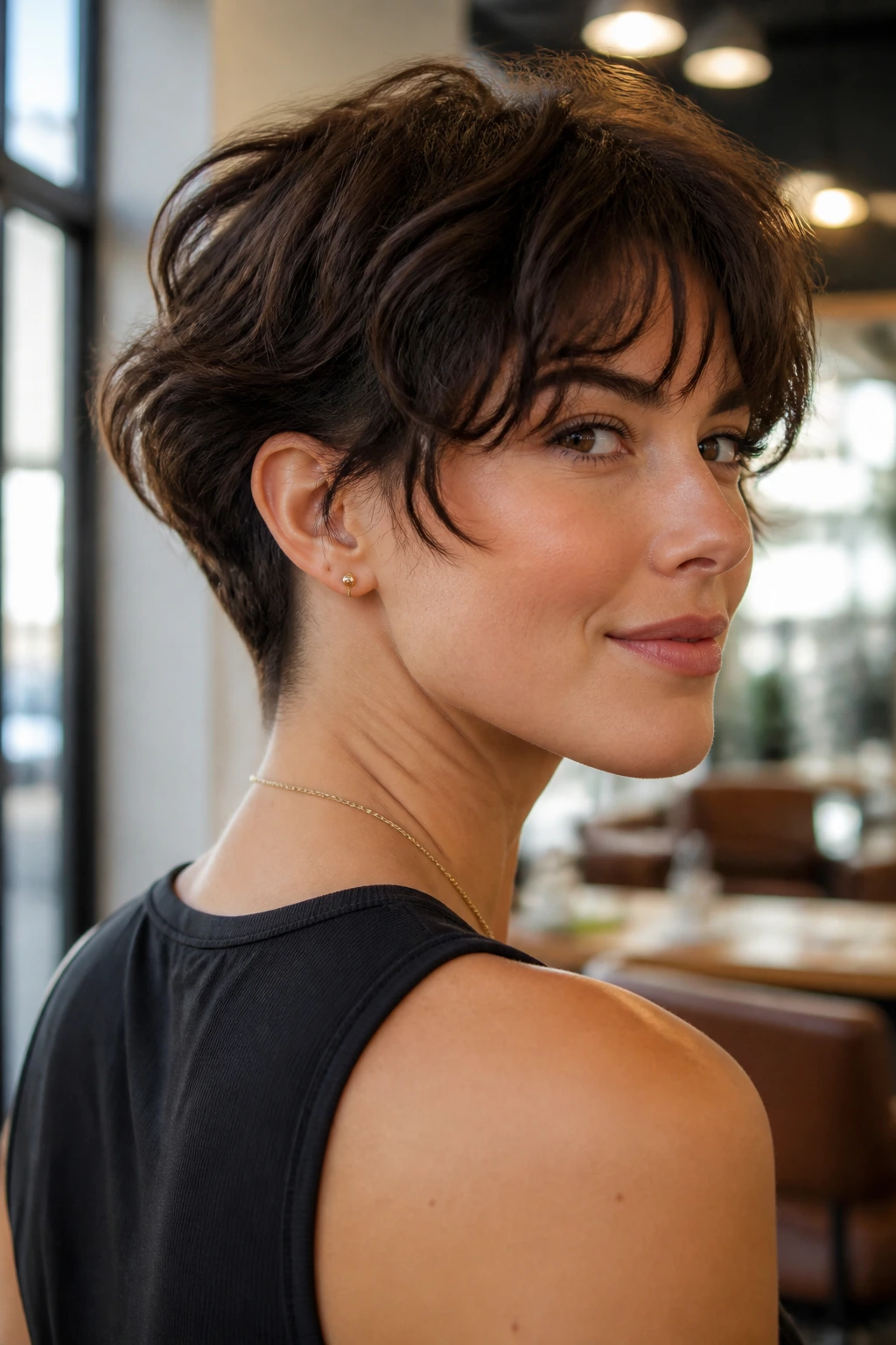Portrait of a woman with an undercut at the nape and layered shag on top in a salon.
