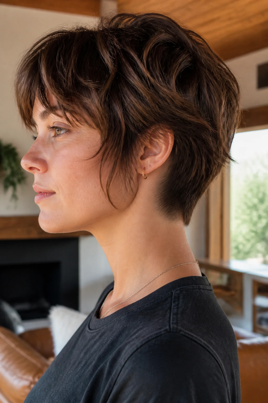 Side profile of a real person with undercut-optional shag showing undercut at nape.