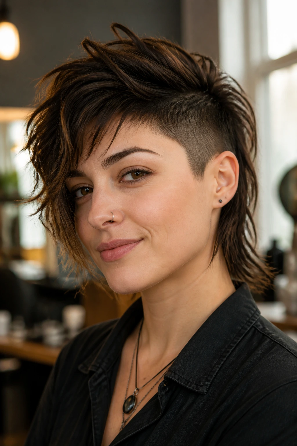 Close-up of a real person showing an undercut shag with a long top in a warm salon setting