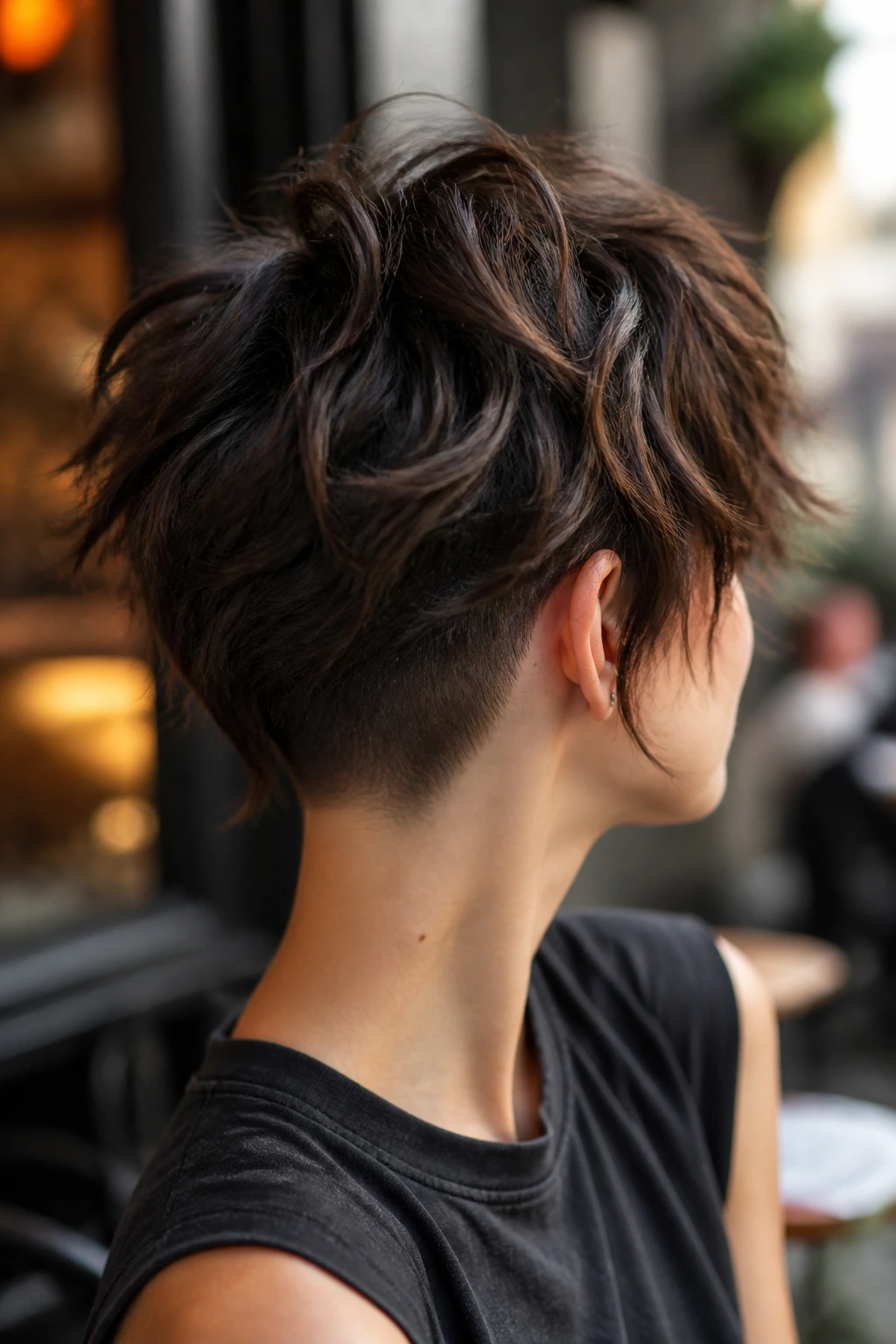 Close-up portrait of a real person with Undercut Messy Shag showing top texture and undercut underlayer