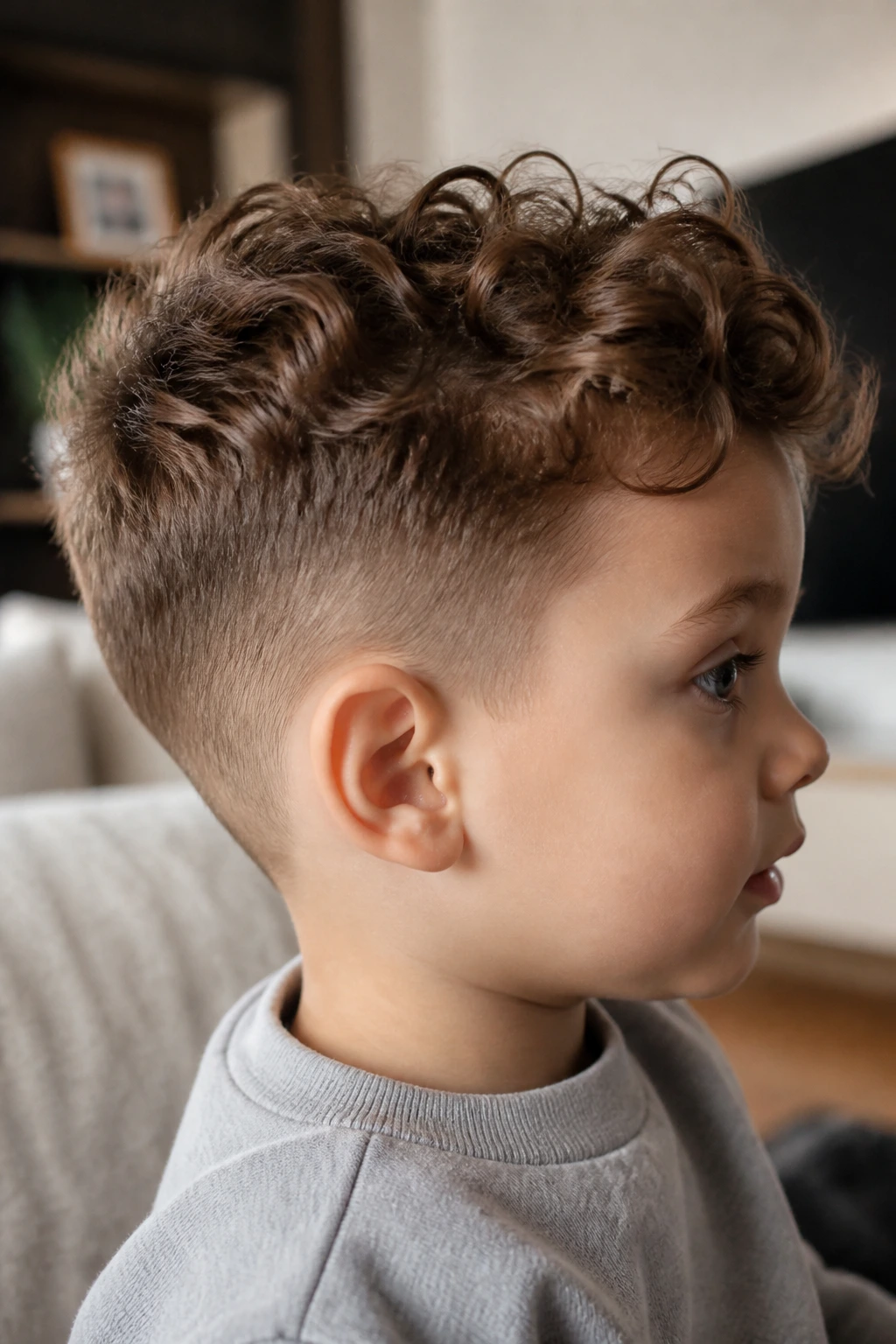 Profile of toddler head showing undercut with longer top curls
